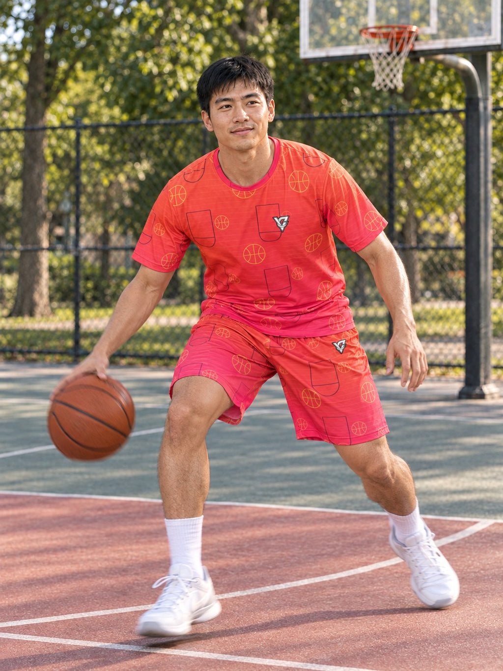 Basketball Sunset Fade Court Seam Men's Athletic Shorts with Pockets, in action