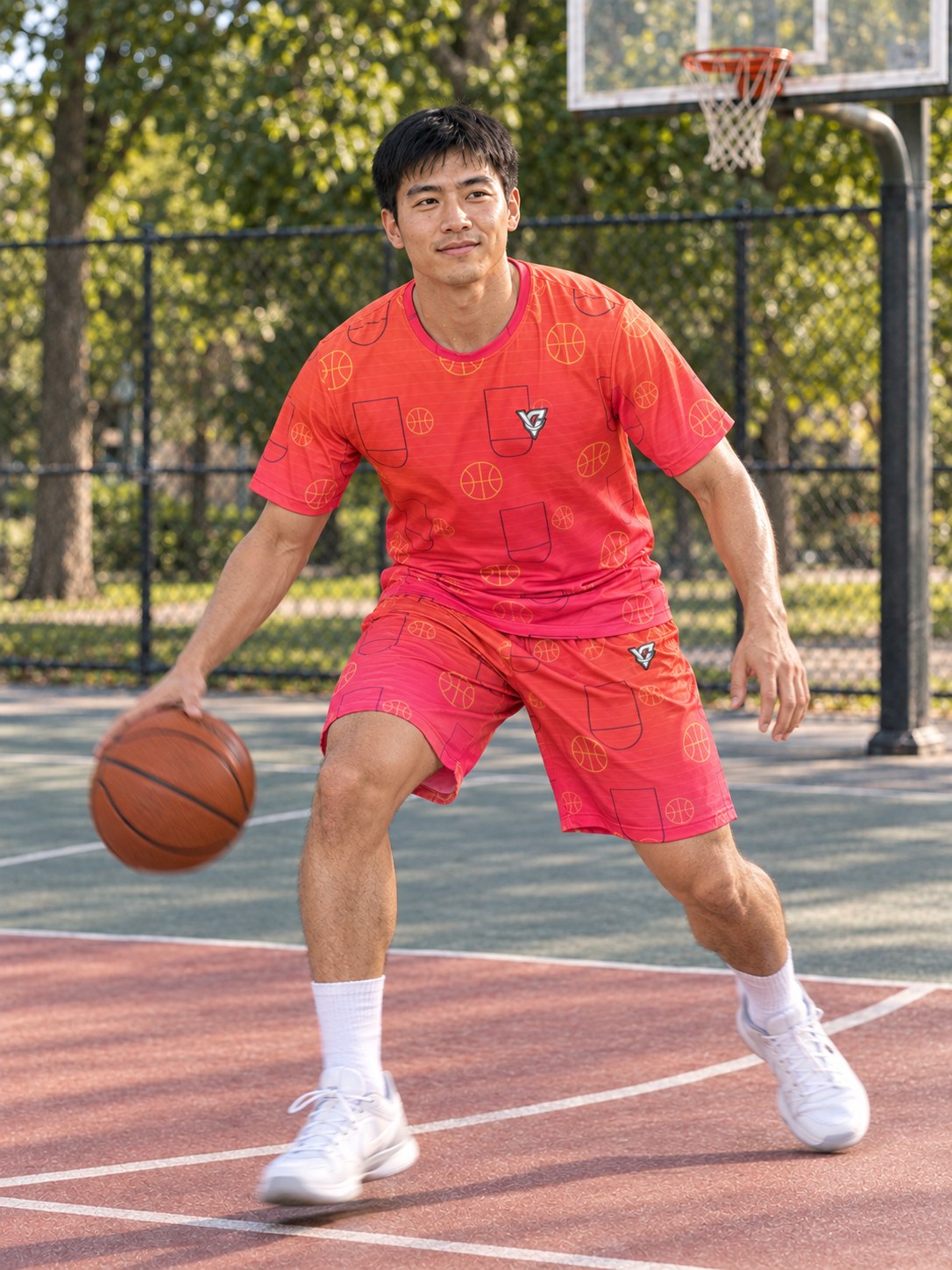 Basketball Sunset Fade Court Seam Men's Athletic Shorts with Pockets, in action