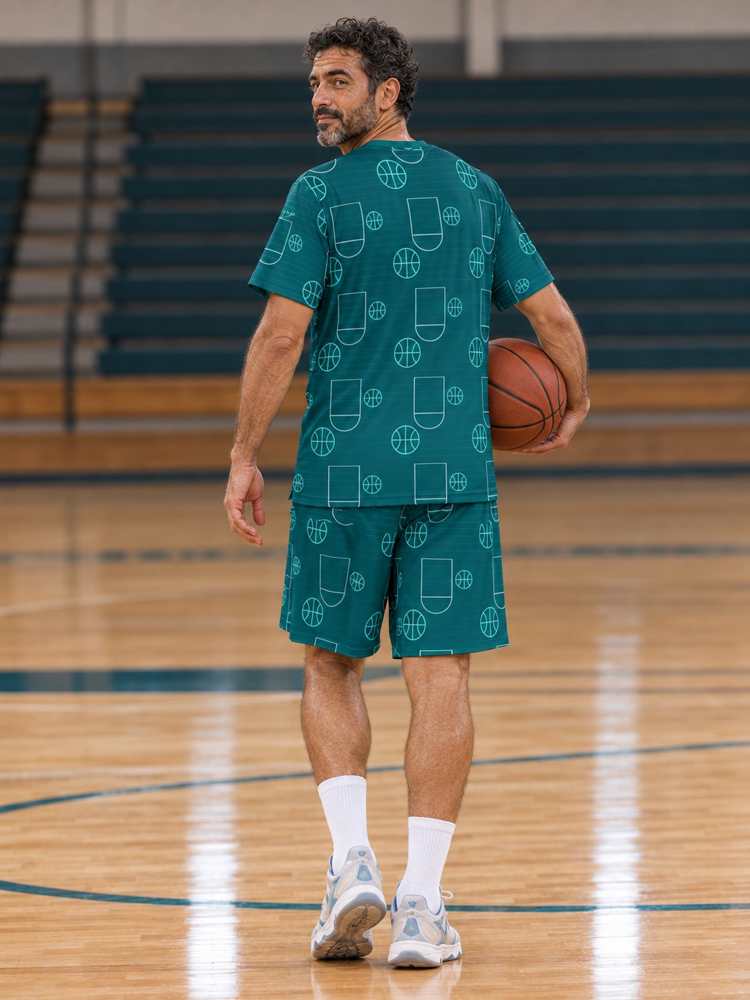 Basketball Teal Wave Court Seam Men's Athletic Shorts with Pockets, back view