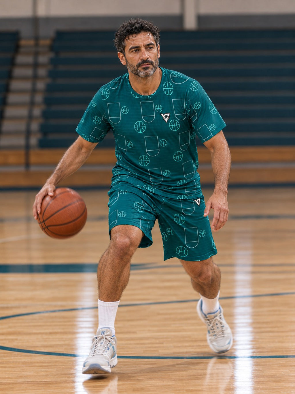 Basketball Teal Wave Court Seam Men's Sports Jersey, in action