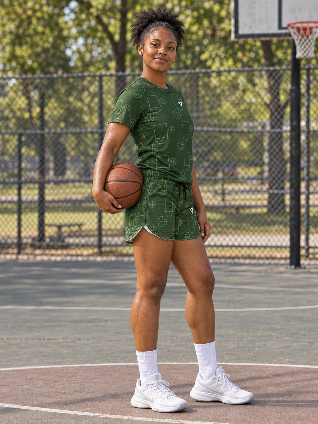 Basketball Forest Camo Court Seam Women's Athletic Shorts with Pockets, side view
