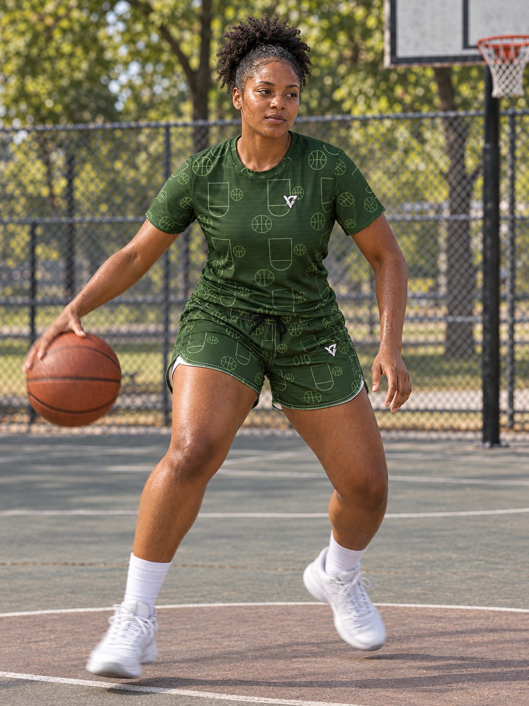 Basketball Forest Camo Court Seam Women's Sports Jersey, in action