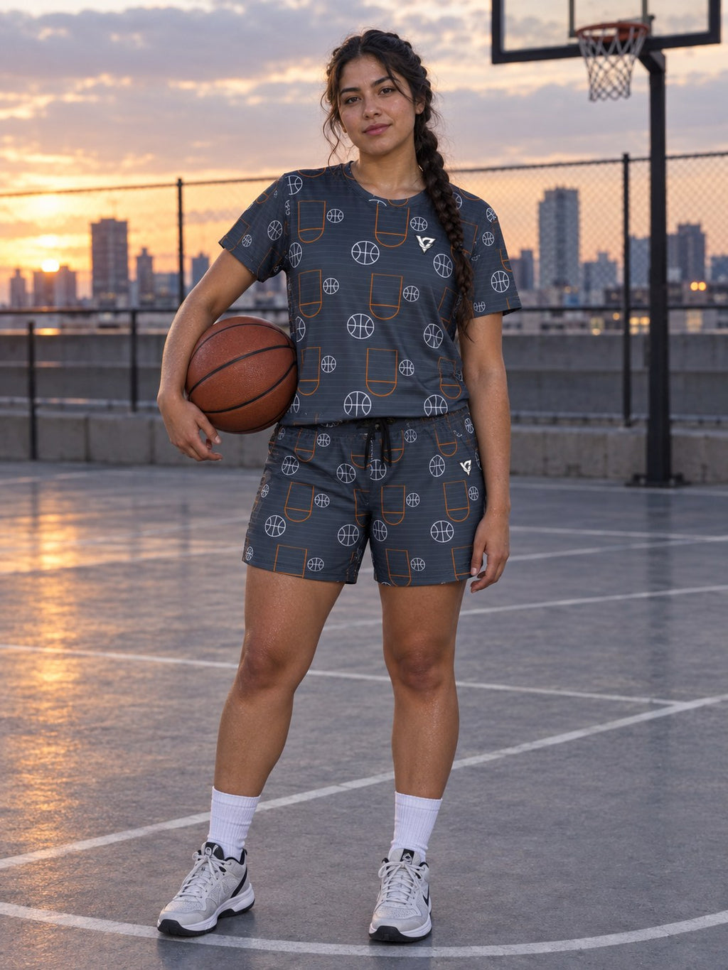 Basketball Slate Storm Court Seam Women's Athletic Shorts with Pockets, front view