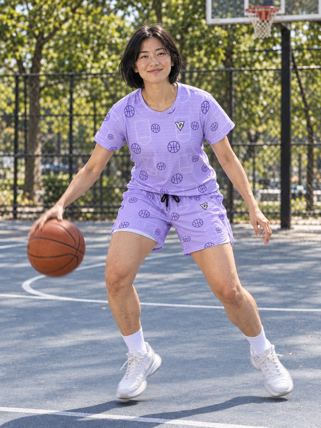 Basketball Lavender Mist Court Seam Women's Athletic Shorts with Pockets, in action