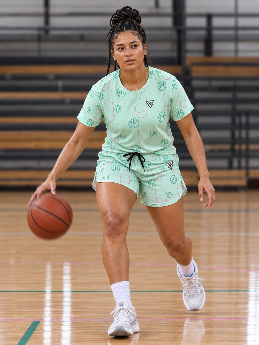 Basketball Mint Glow Court Seam Women's Athletic Shorts with Pockets, in action