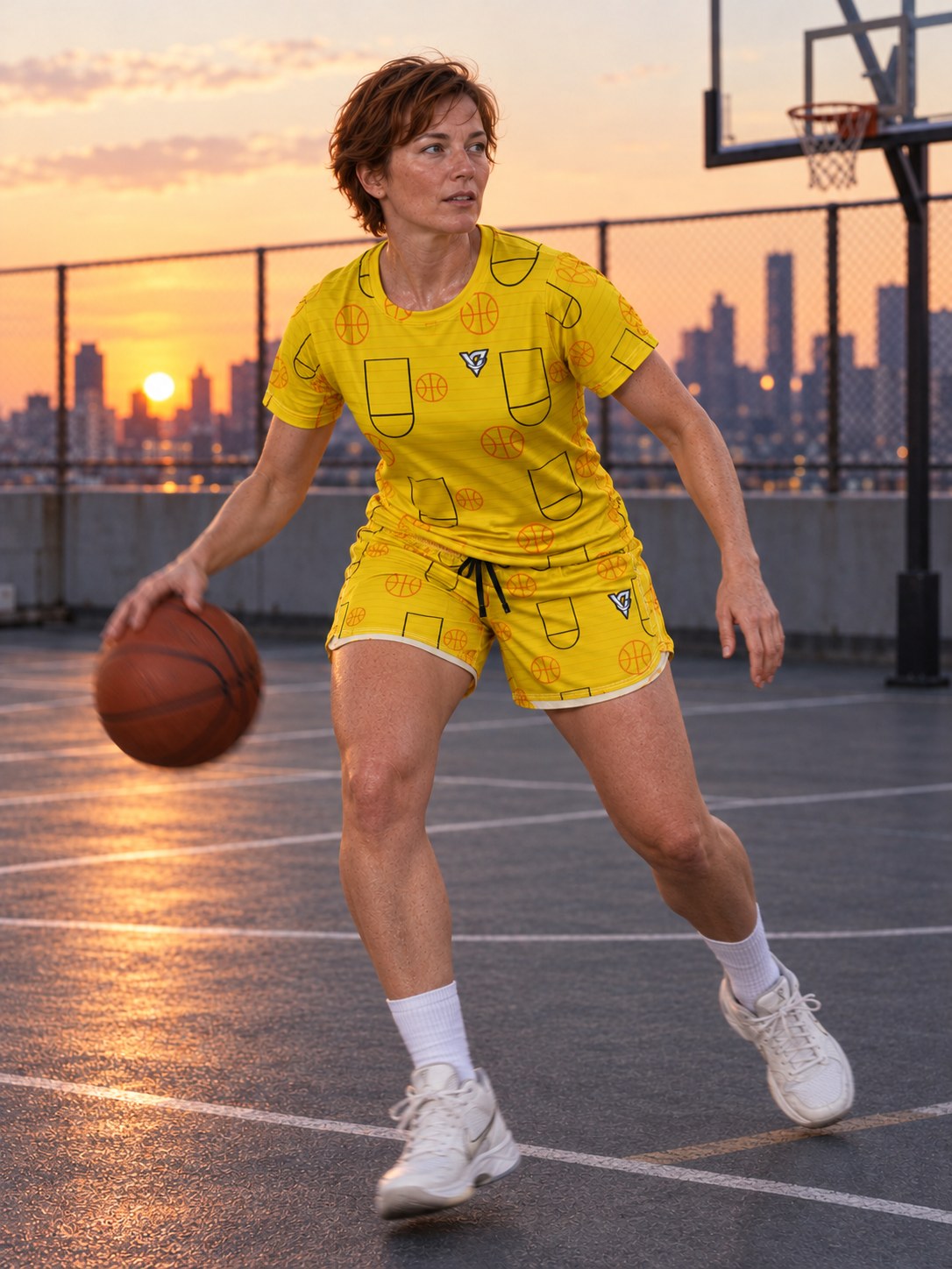 Basketball Neon Citrus Court Seam Women's Sports Jersey, in action