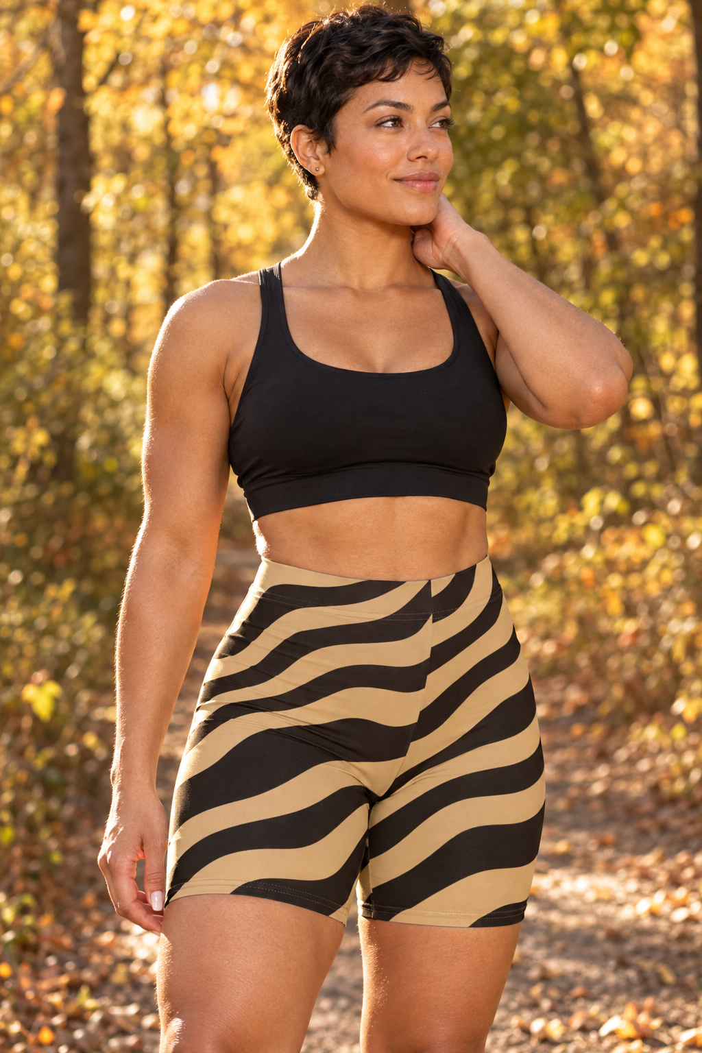 Chestnut Zebra women's high-waisted, skin-tight biker shorts worn on a model