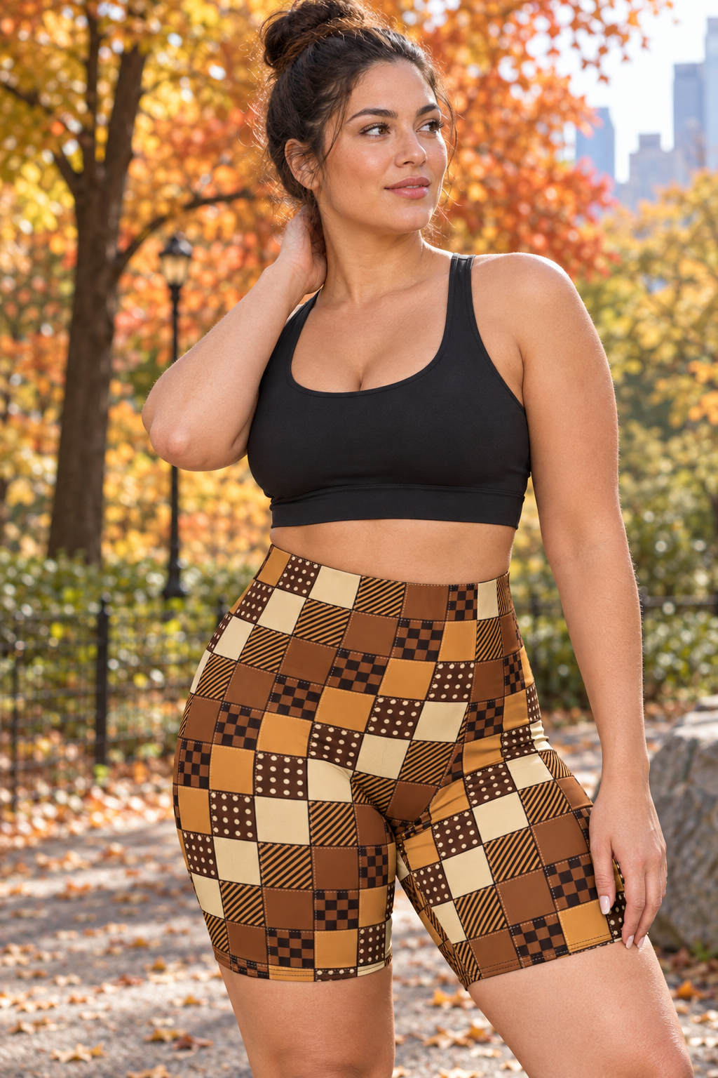Cider Patchwork women's high-waisted, skin-tight biker shorts worn on a model