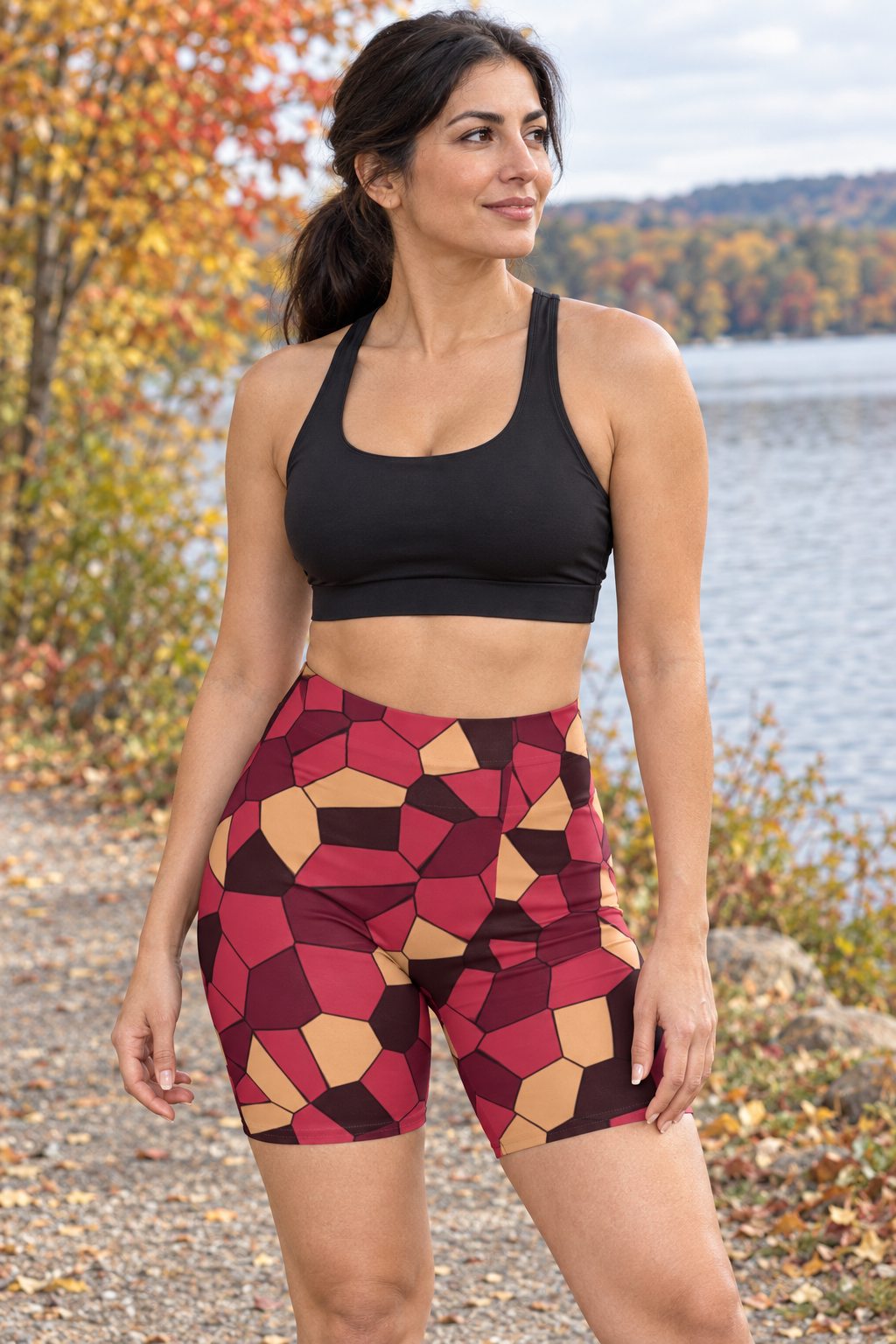 Cranberry Mosaic women's high-waisted, skin-tight biker shorts worn on a model