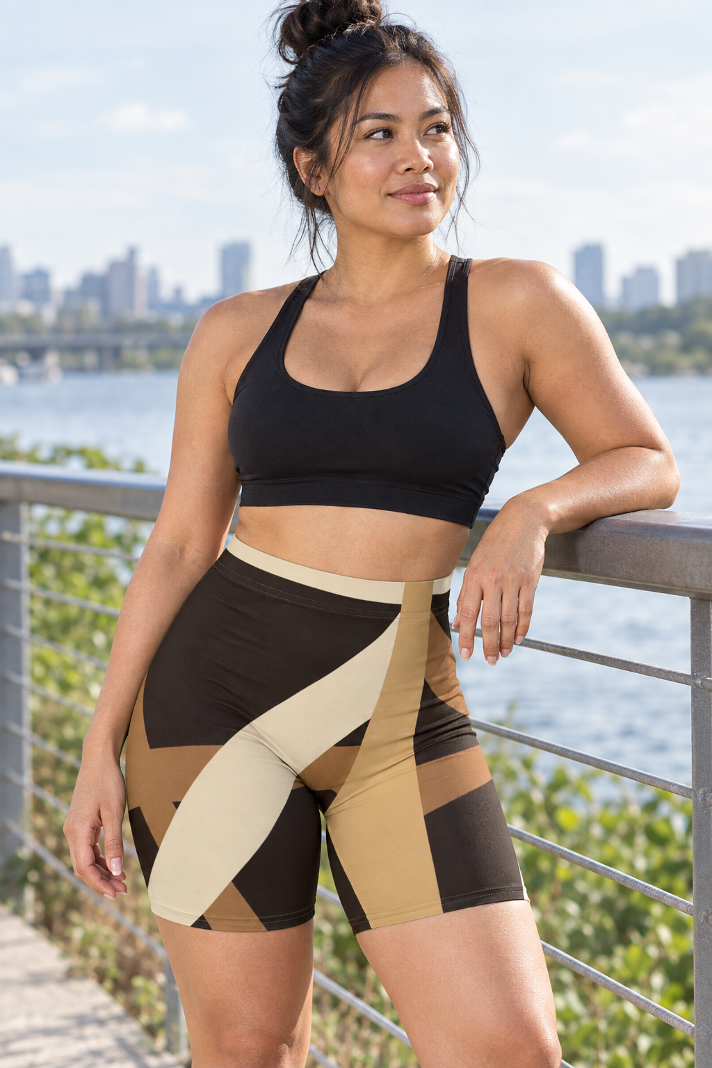 Desert Shard women's high-waisted, skin-tight biker shorts worn on a model