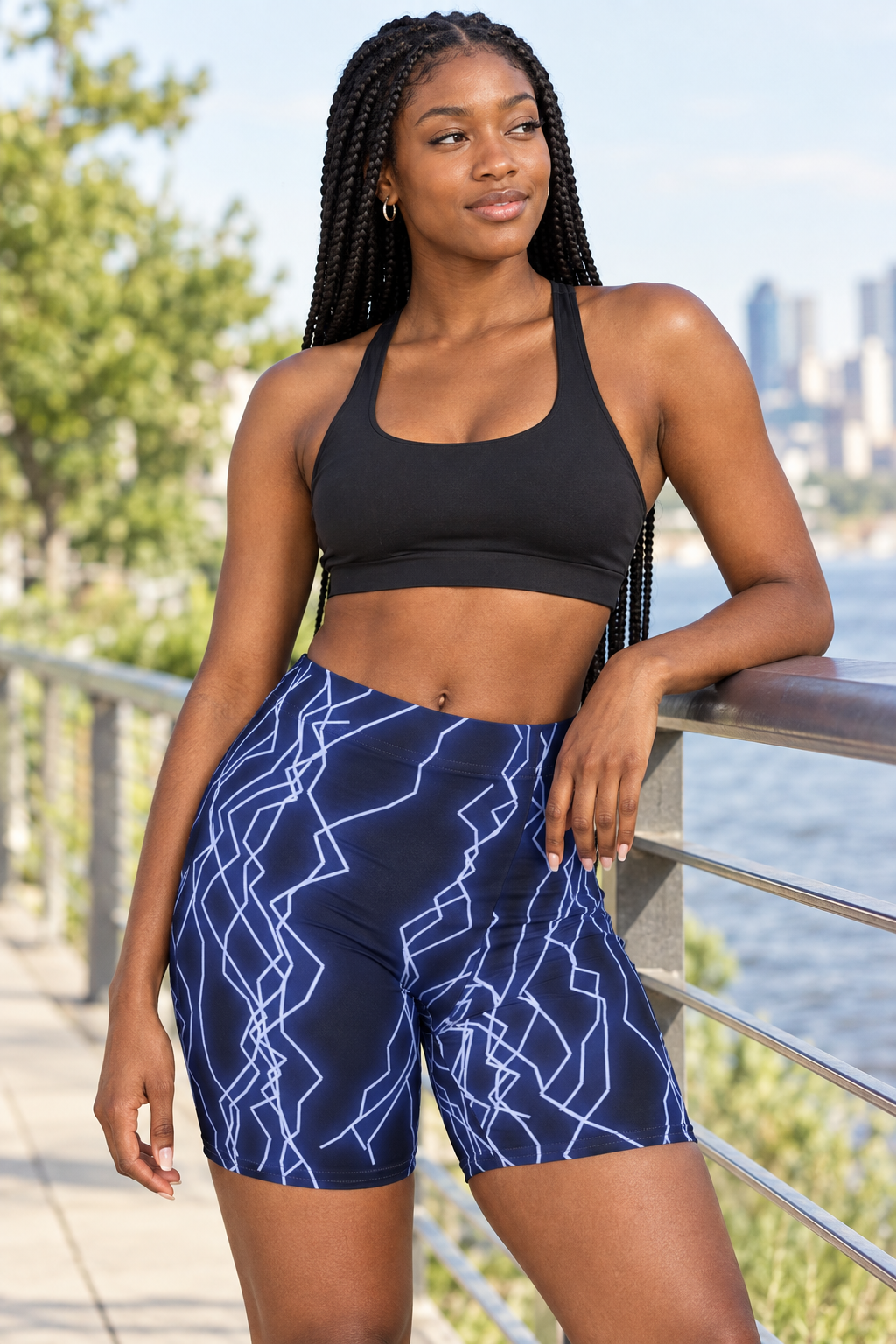 Midnight Lightning women's high-waisted, skin-tight biker shorts worn on a model