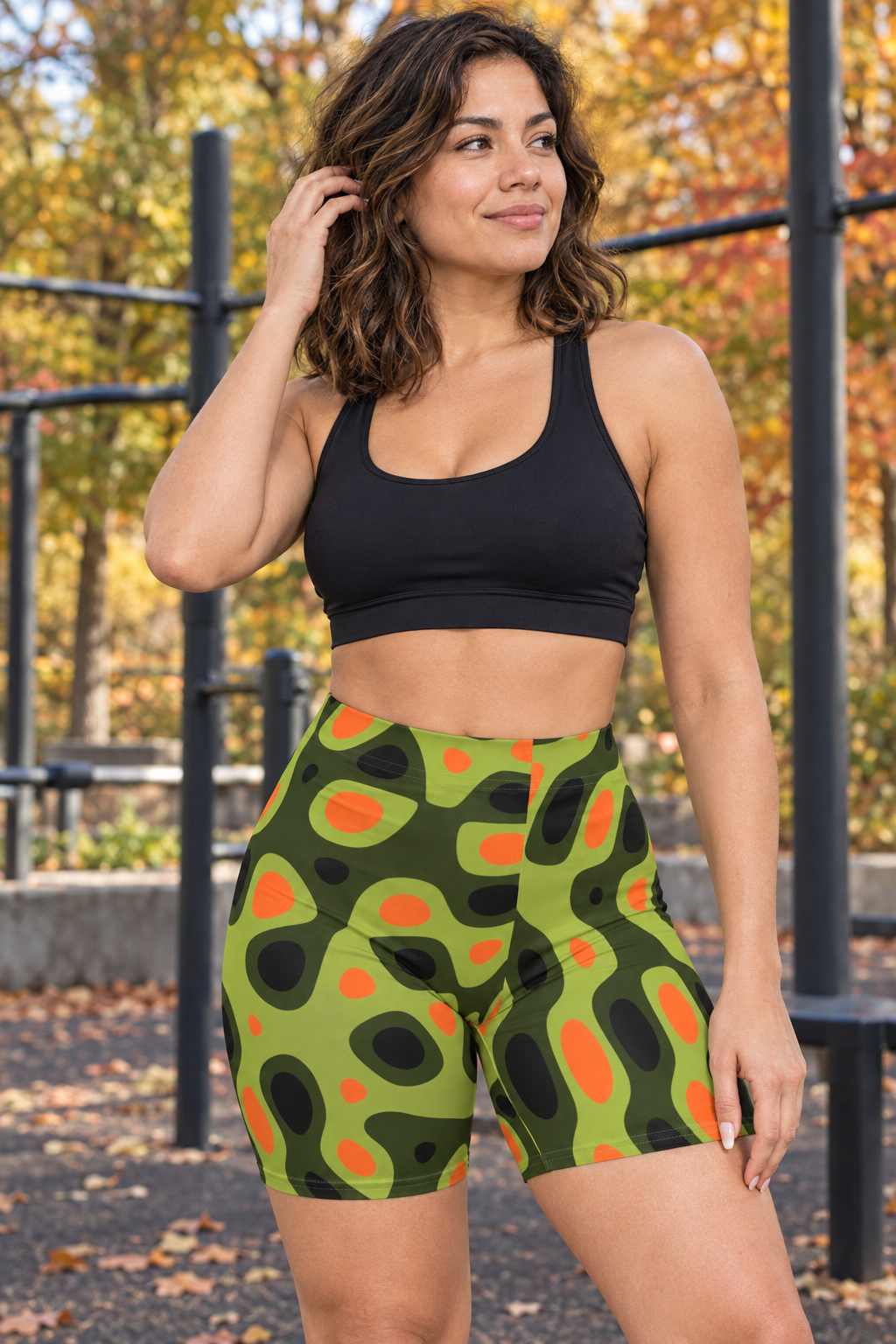Moss Flame Ripple women's high-waisted, skin-tight biker shorts worn on a model