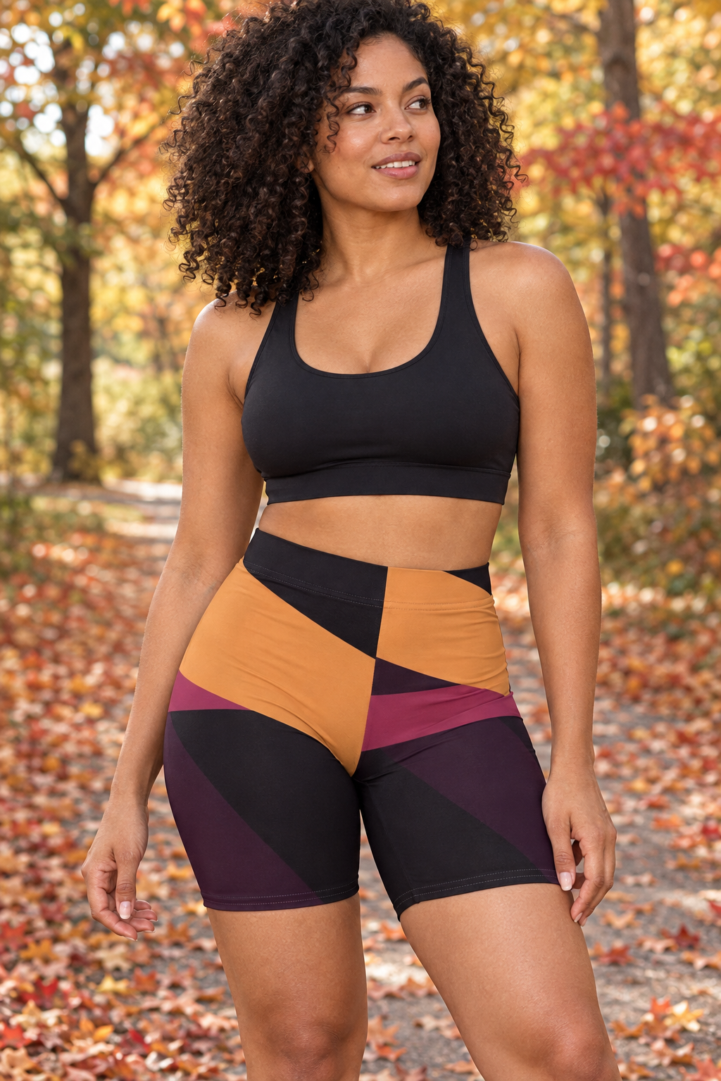 Plum Spice Shard women's high-waisted, skin-tight biker shorts worn on a model