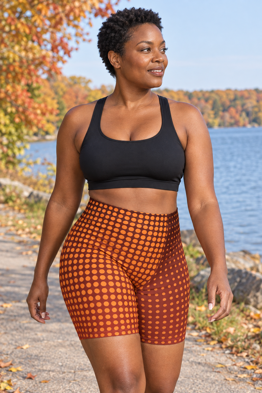 Sunset Orchard Halftone women's high-waisted, skin-tight biker shorts worn on a model