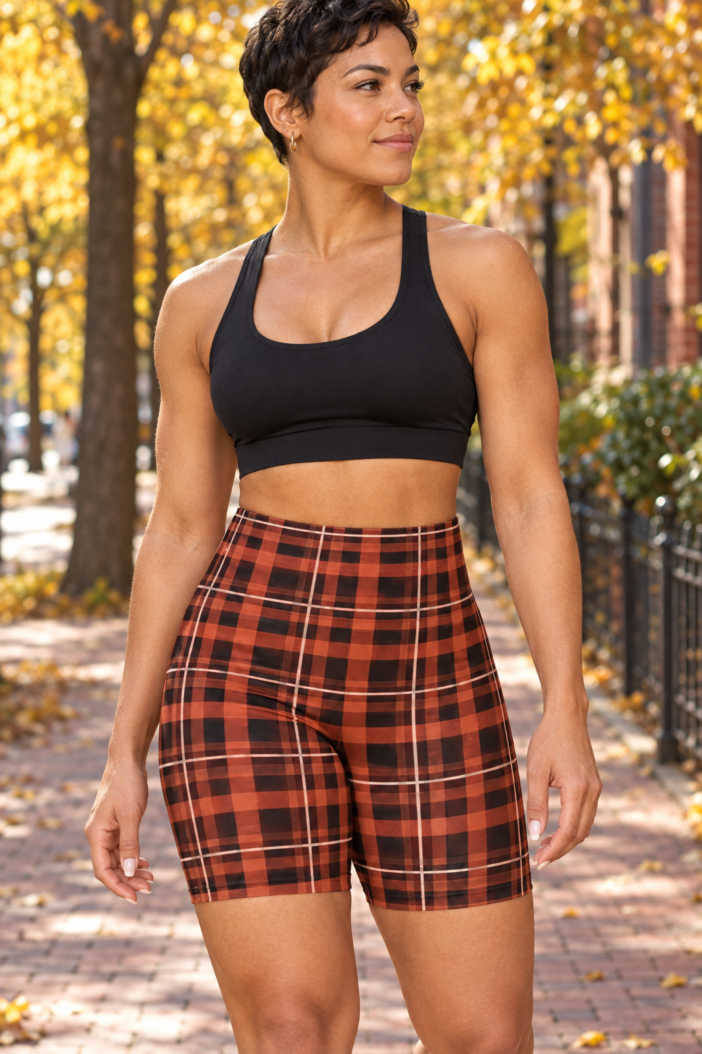 Terracotta Flannel women's high-waisted, skin-tight biker shorts worn on a model