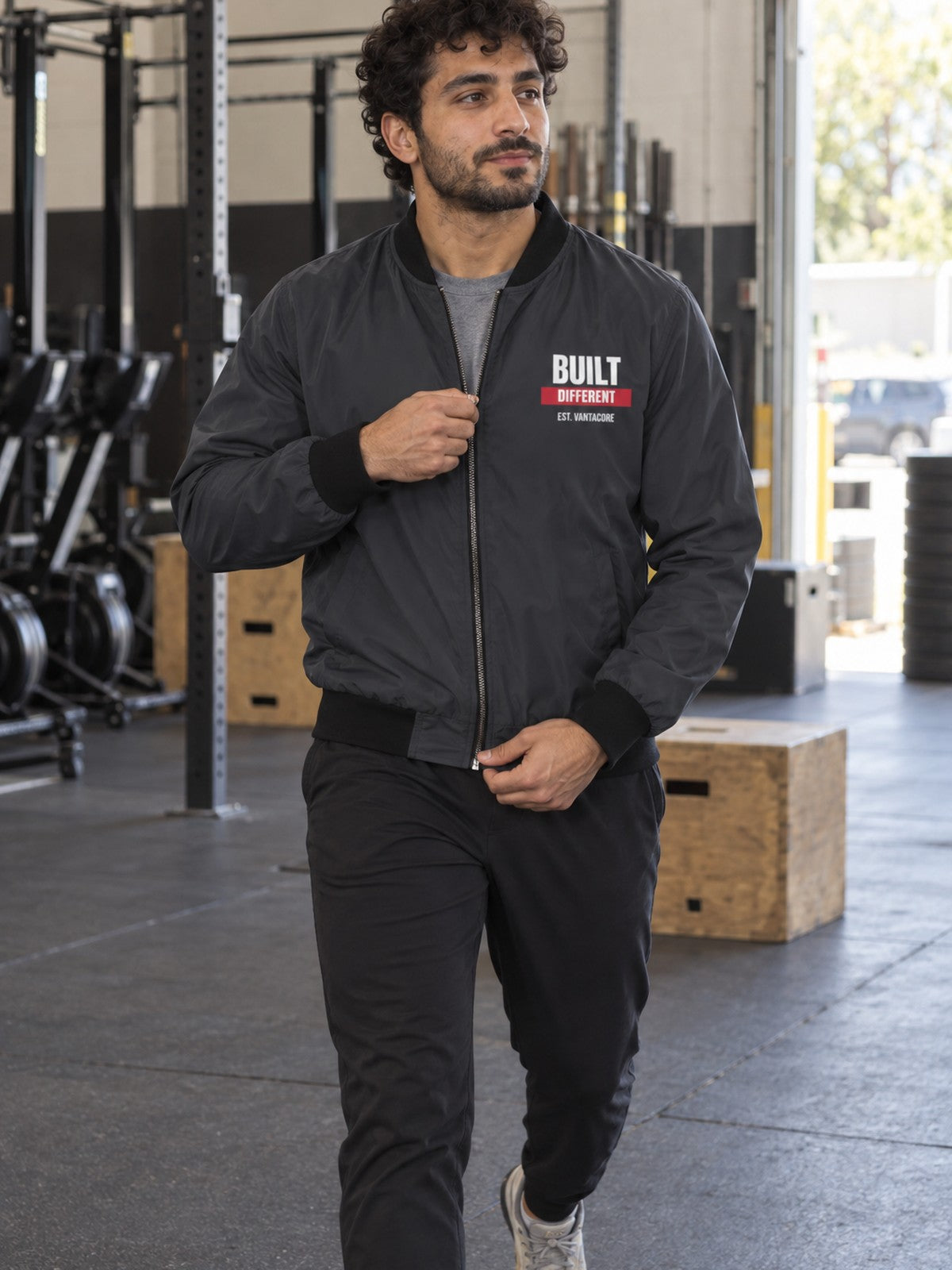 Built Different bomber jacket in charcoal – front