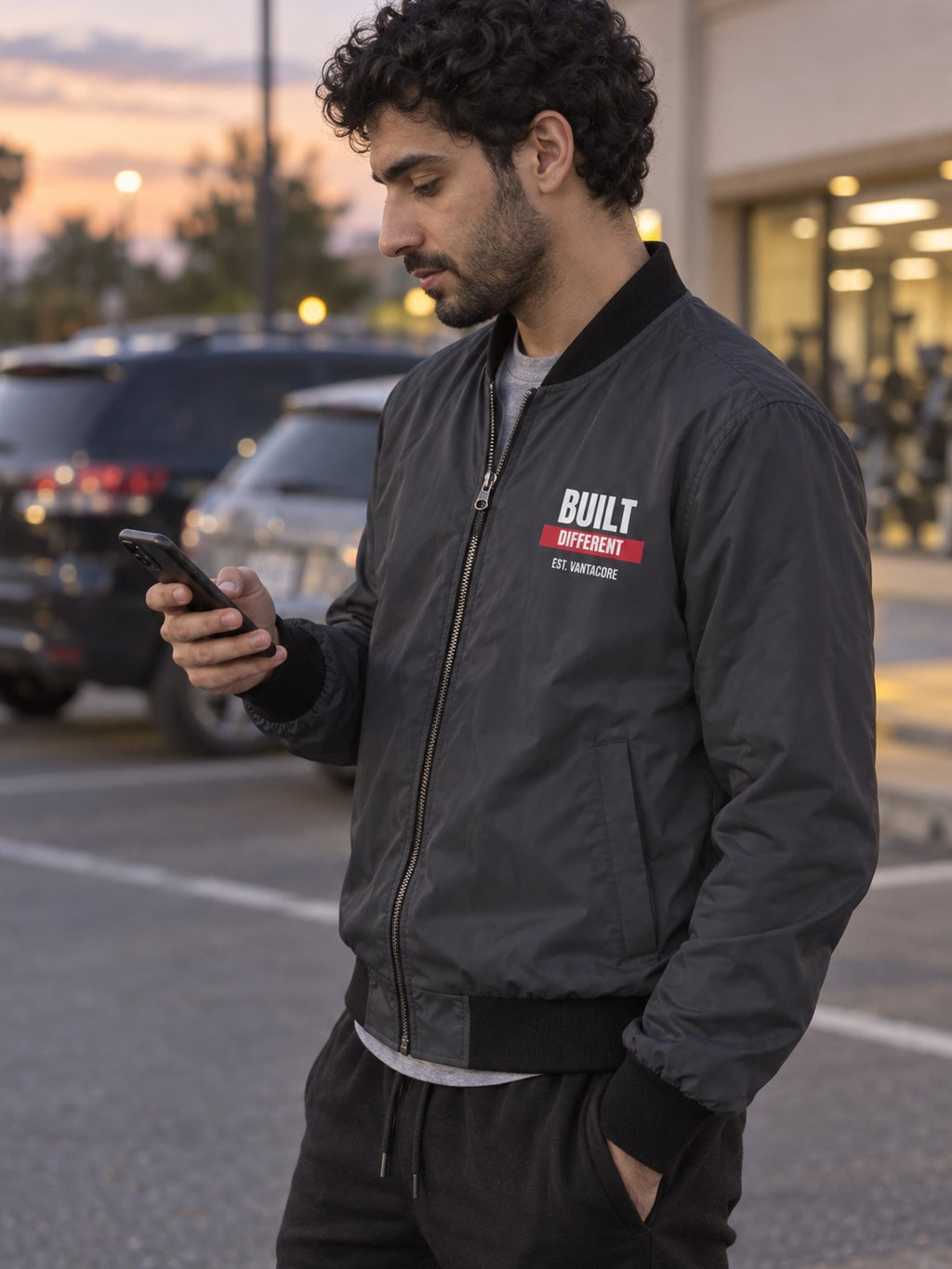 Built Different bomber jacket in charcoal – side view