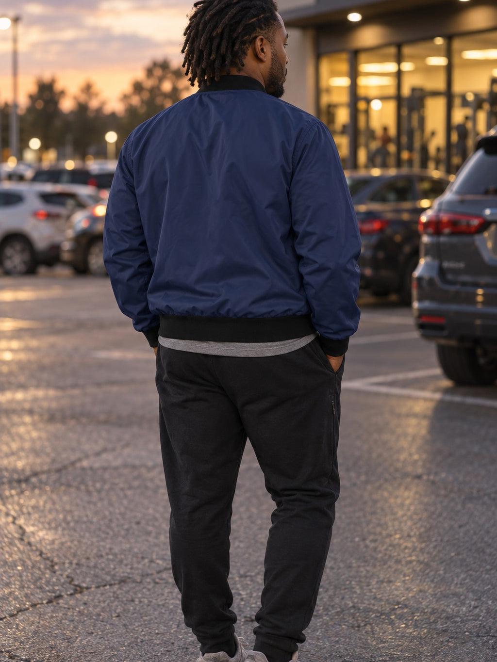 Earn It bomber jacket in navy – back view