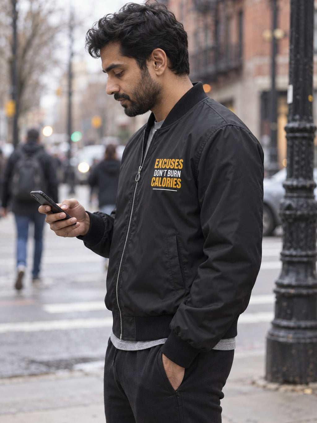 Excuses Don't Burn Calories bomber jacket in black – side view