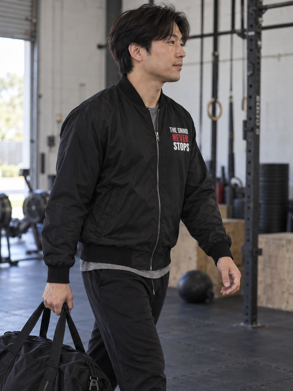 The Grind Never Stops bomber jacket in black – side view