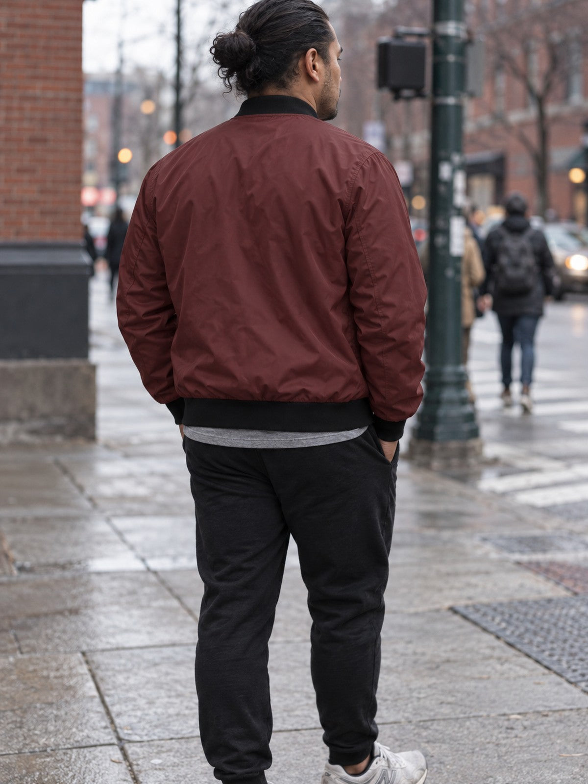 Hustle for the Muscle bomber jacket in maroon – back view