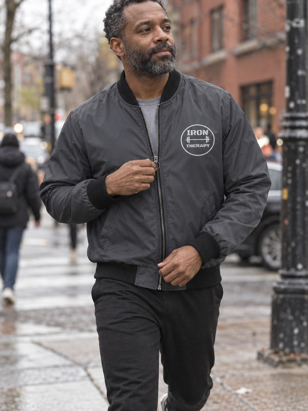 Men's Iron Therapy Bomber Jacket – Gunmetal Motivational Gym Jacket
