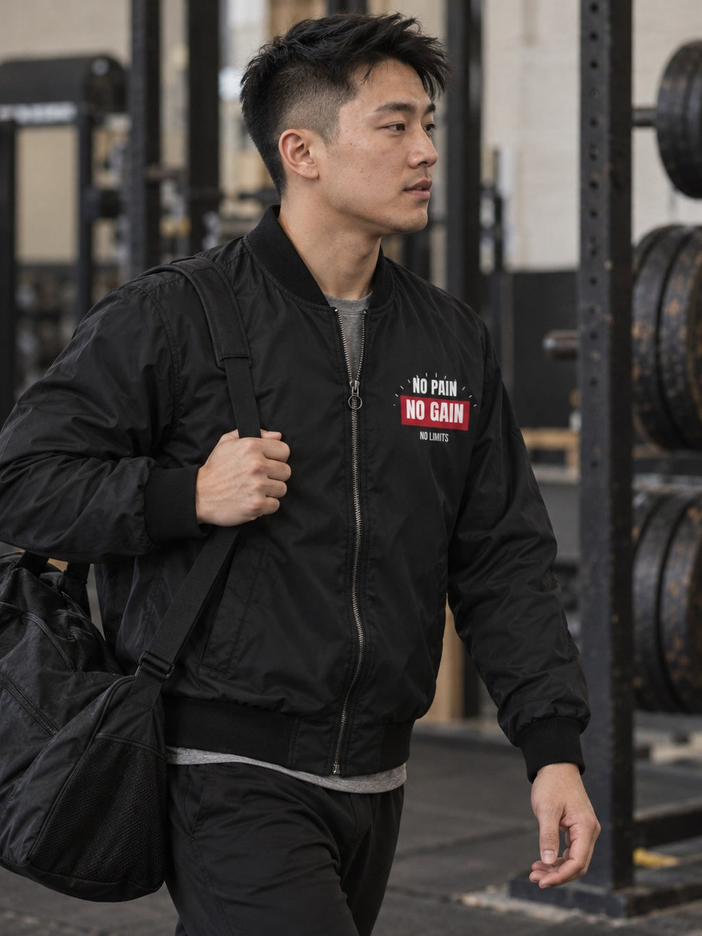 No Pain No Gain bomber jacket in black – side view