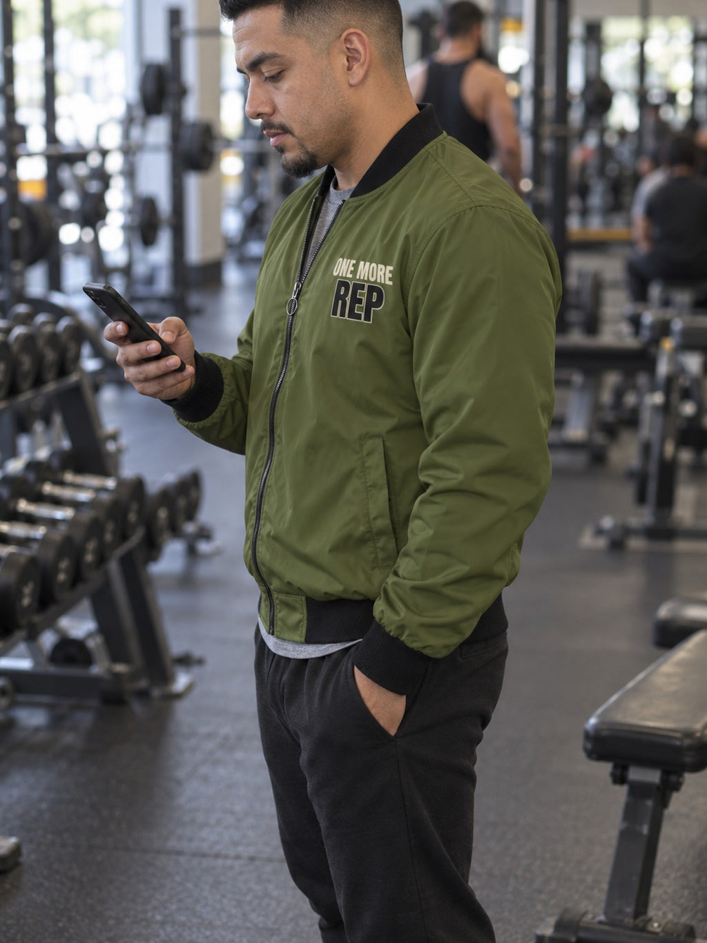 One More Rep bomber jacket in olive – side view