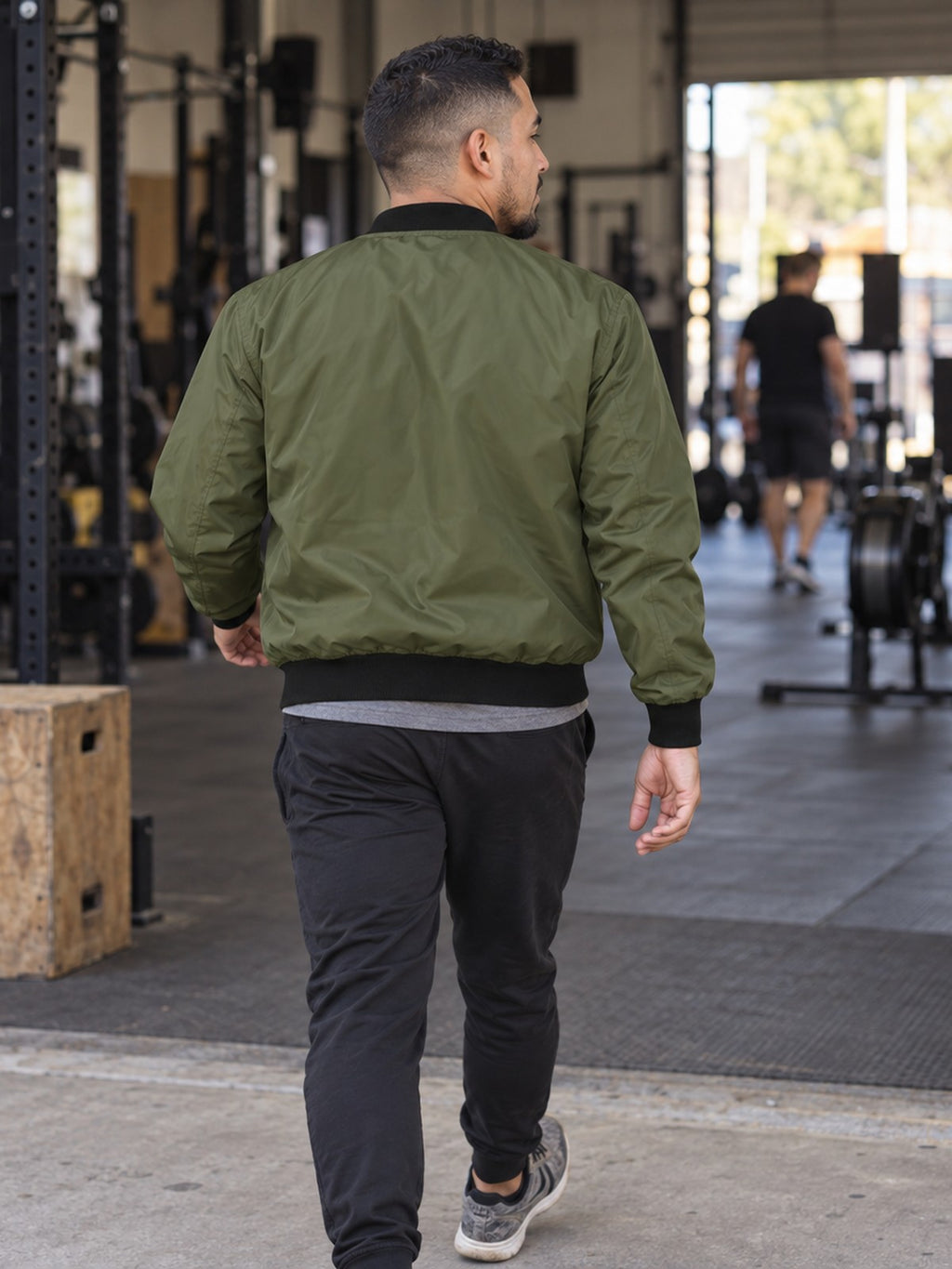 One More Rep bomber jacket in olive – back view