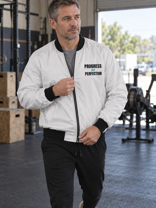 Men's Progress Not Perfection Bomber Jacket – White Motivational Gym Jacket