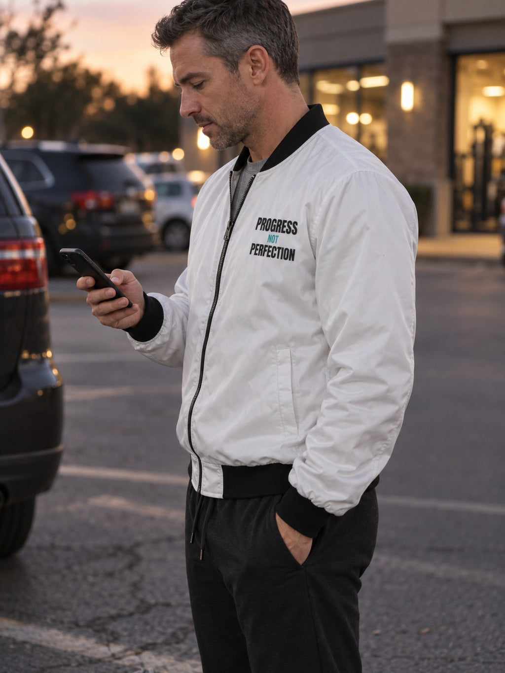 Progress Not Perfection bomber jacket in white – side view