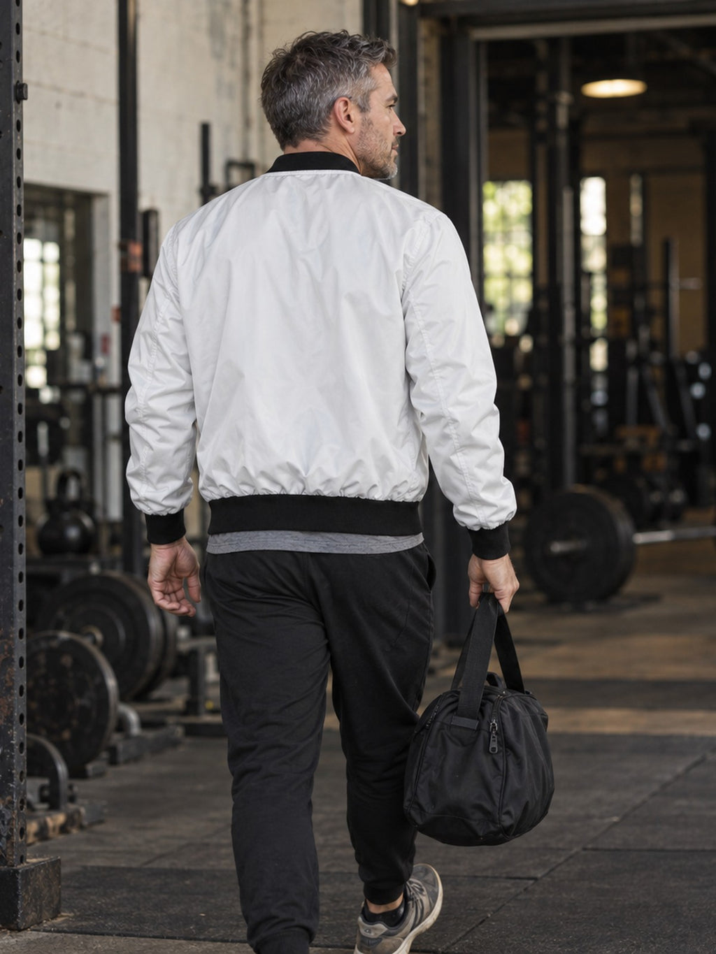 Progress Not Perfection bomber jacket in white – back view