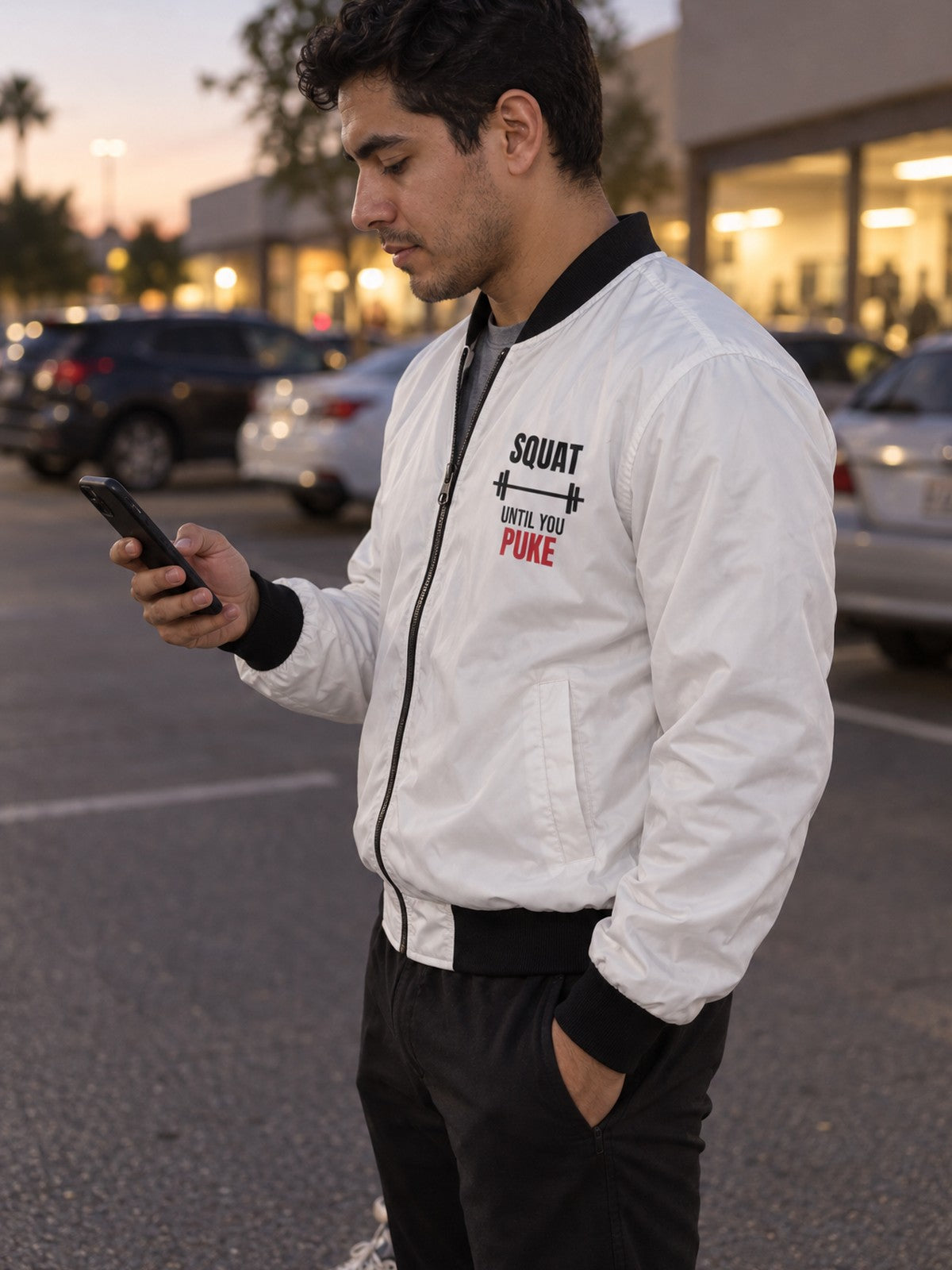 Squat Until You Puke bomber jacket in white – side view