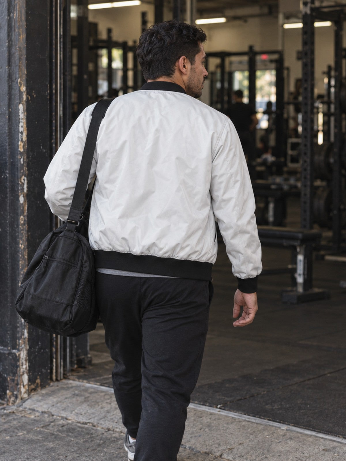 Squat Until You Puke bomber jacket in white – back view