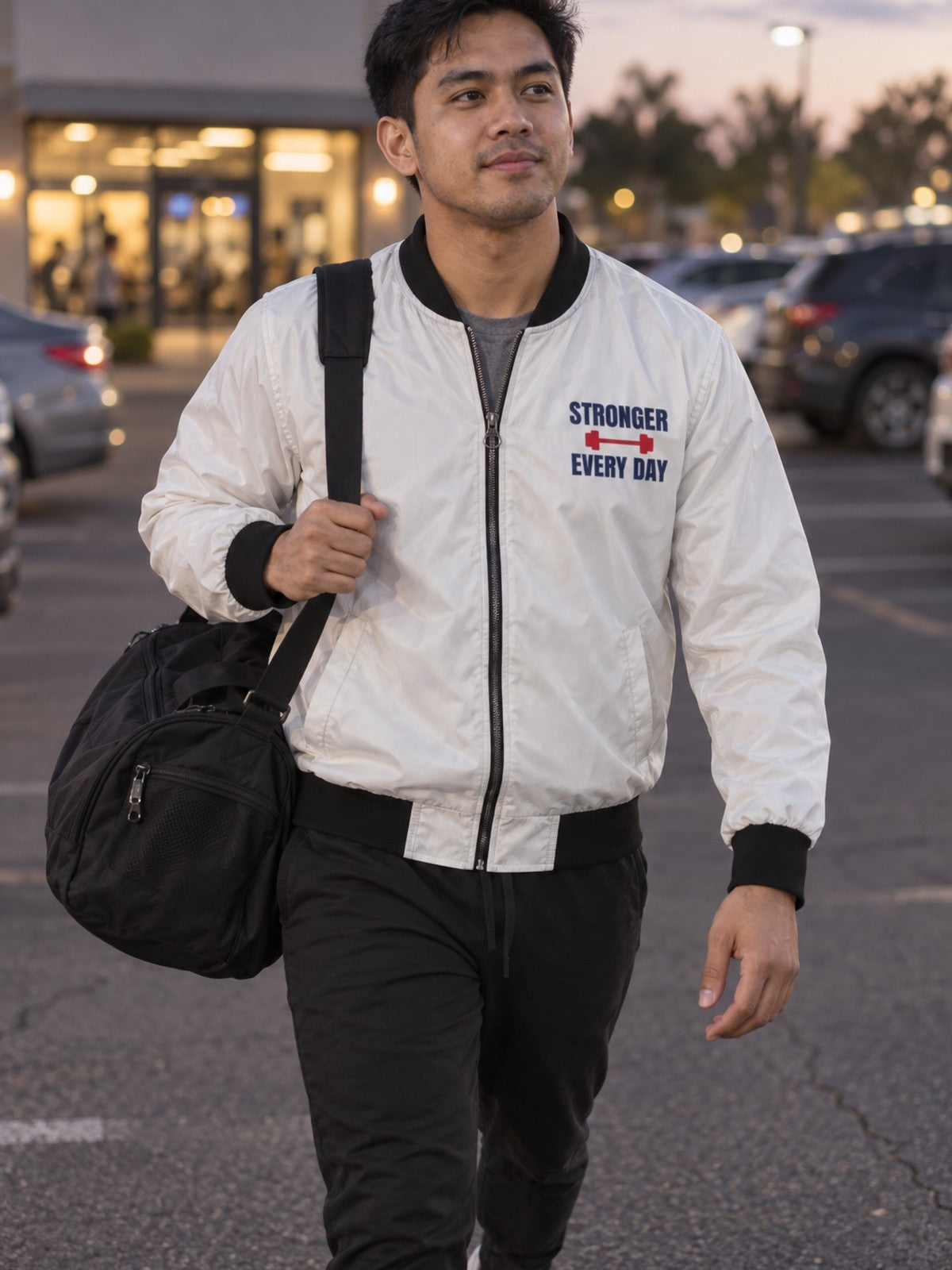 Stronger Every Day bomber jacket in white – front