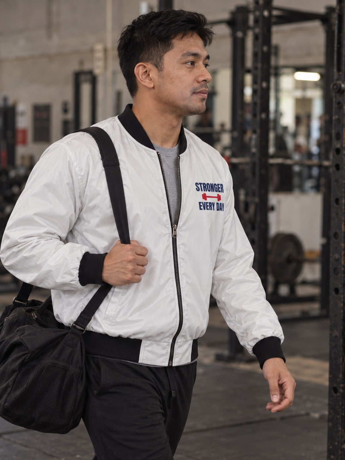 Stronger Every Day bomber jacket in white – side view