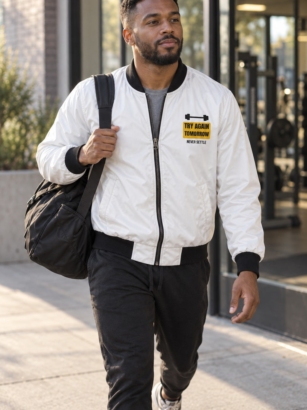 Try Again Tomorrow bomber jacket in white – front