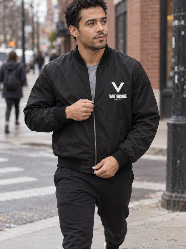 Men's Vantacore Athletics Logo Bomber Jacket – Black Minimal Gym Jacket