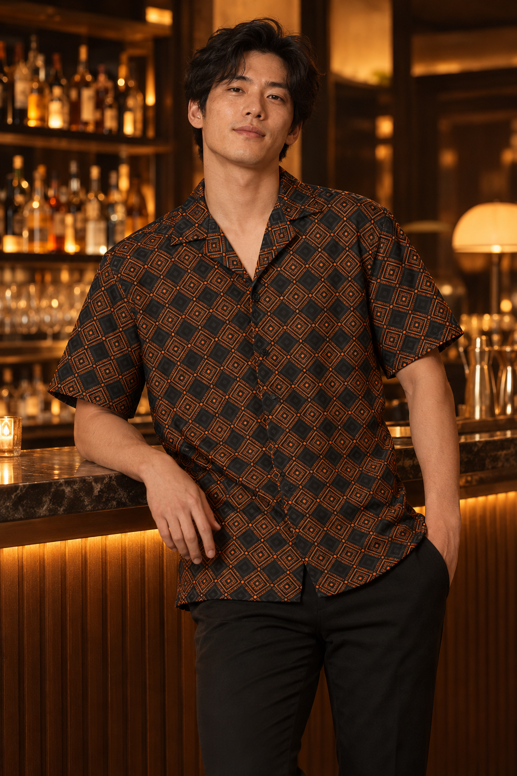 Black Ember Diamond button-up shirt worn out at night