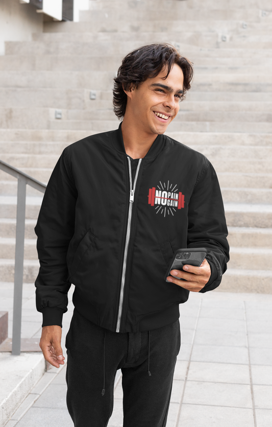 No Pain No Gain Bomber Jacket | Motivational Gym Jacket | Athletic Zip-Up Fitness Jacket | Streetwear Workout Outerwear
