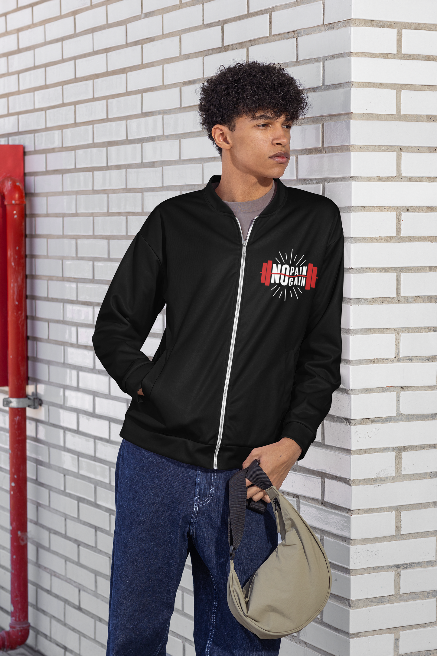 No Pain No Gain Bomber Jacket | Motivational Gym Jacket | Athletic Zip-Up Fitness Jacket | Streetwear Workout Outerwear