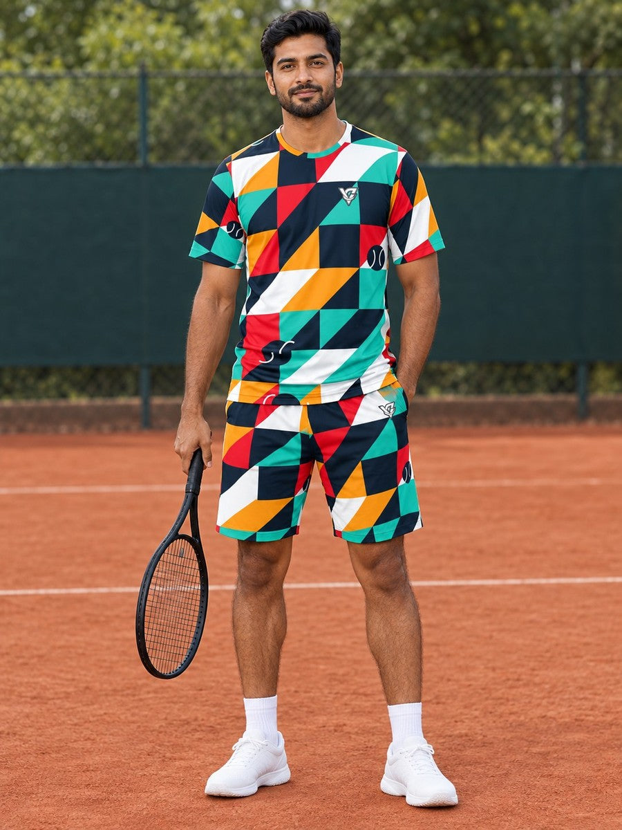 Tennis Aqua Volt Prism Block Men's Athletic Shorts with Pockets - front view