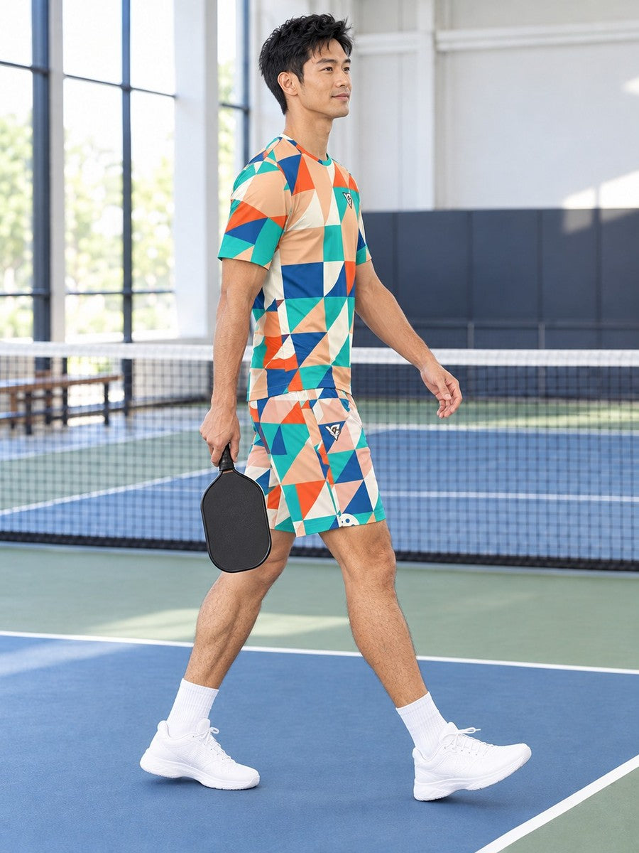 Pickleball Papaya Splash Prism Block Men's Athletic Shorts with Pockets - side view