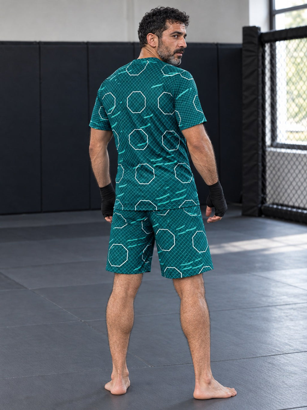Combat Sports Teal Wave Cage Mesh Men's Athletic Shorts with Pockets, back view