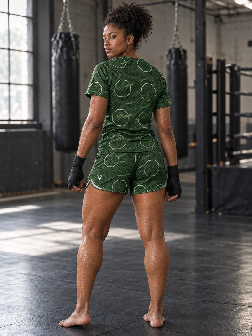 Combat Sports Forest Camo Cage Mesh Women's Athletic Shorts with Pockets, back view