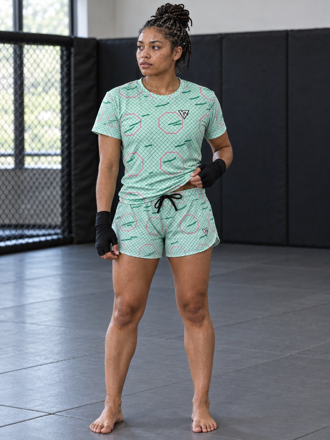 Combat Sports Mint Glow Cage Mesh Women's Athletic Shorts with Pockets, front view
