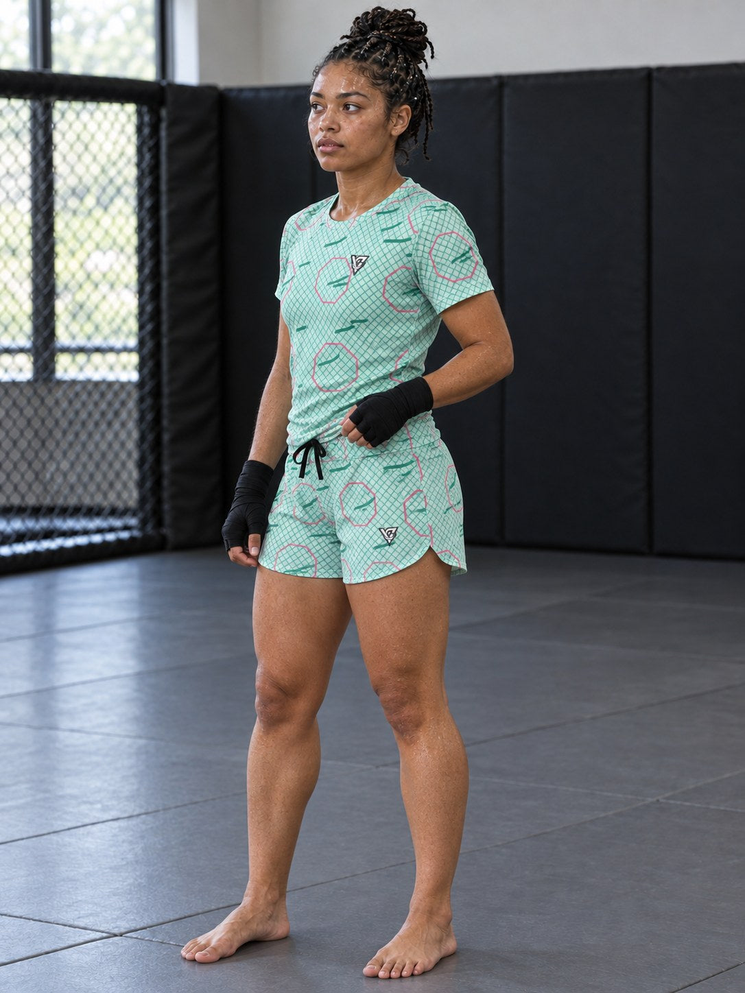 Combat Sports Mint Glow Cage Mesh Women's Athletic Shorts with Pockets, side view