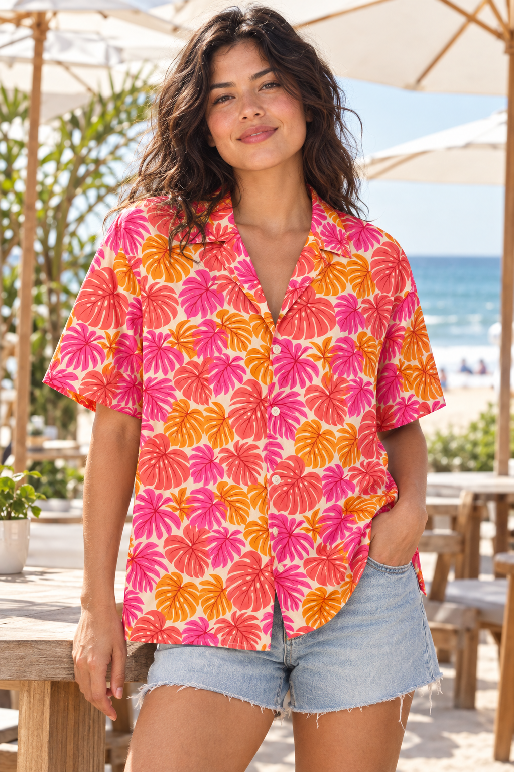Coral Monstera button-up shirt worn out