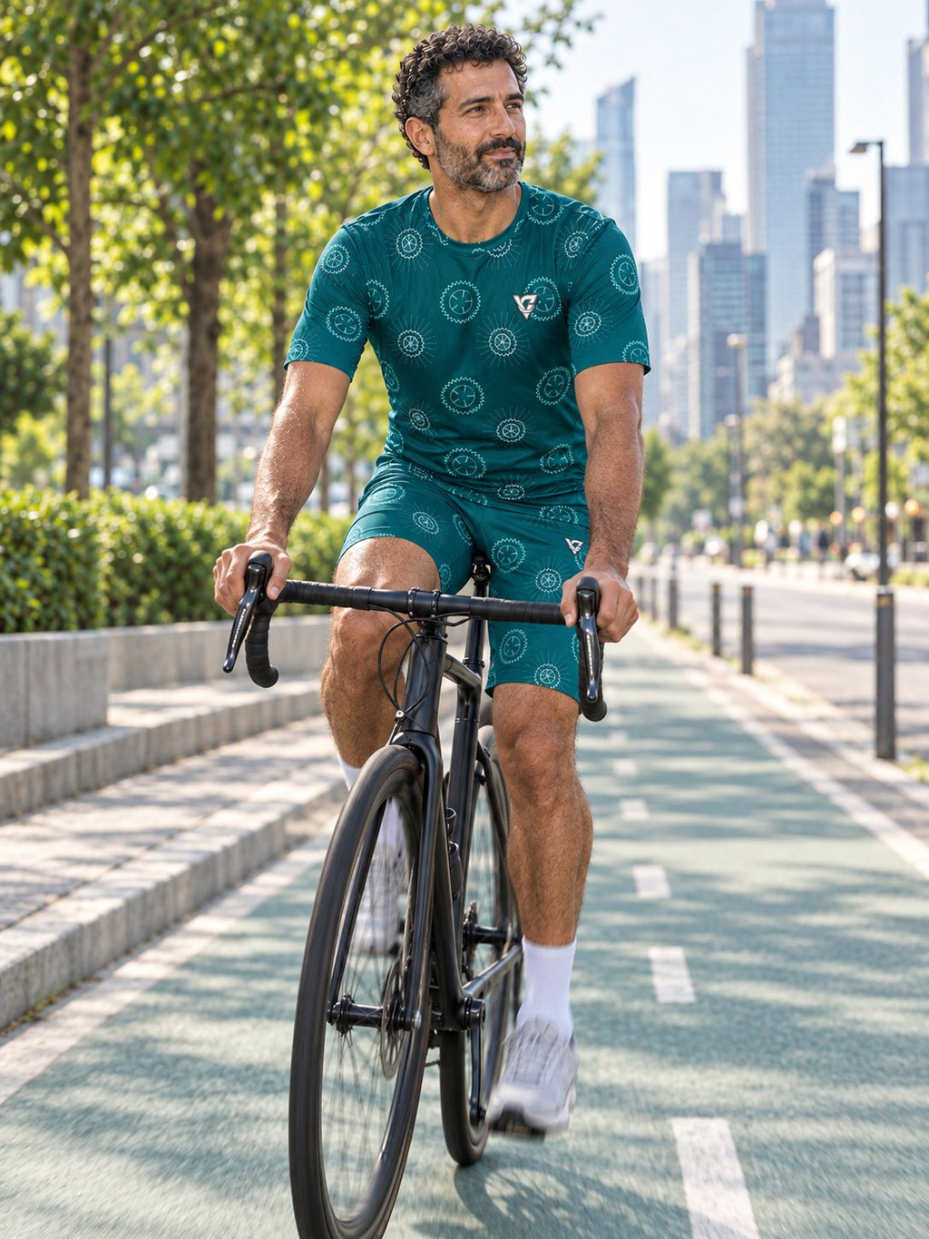 Cycling Teal Wave Chainring Men's Athletic Shorts with Pockets, in action