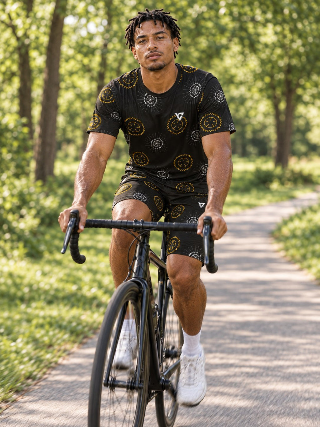 Cycling Gold Rush Chainring Men's Athletic Shorts with Pockets, in action